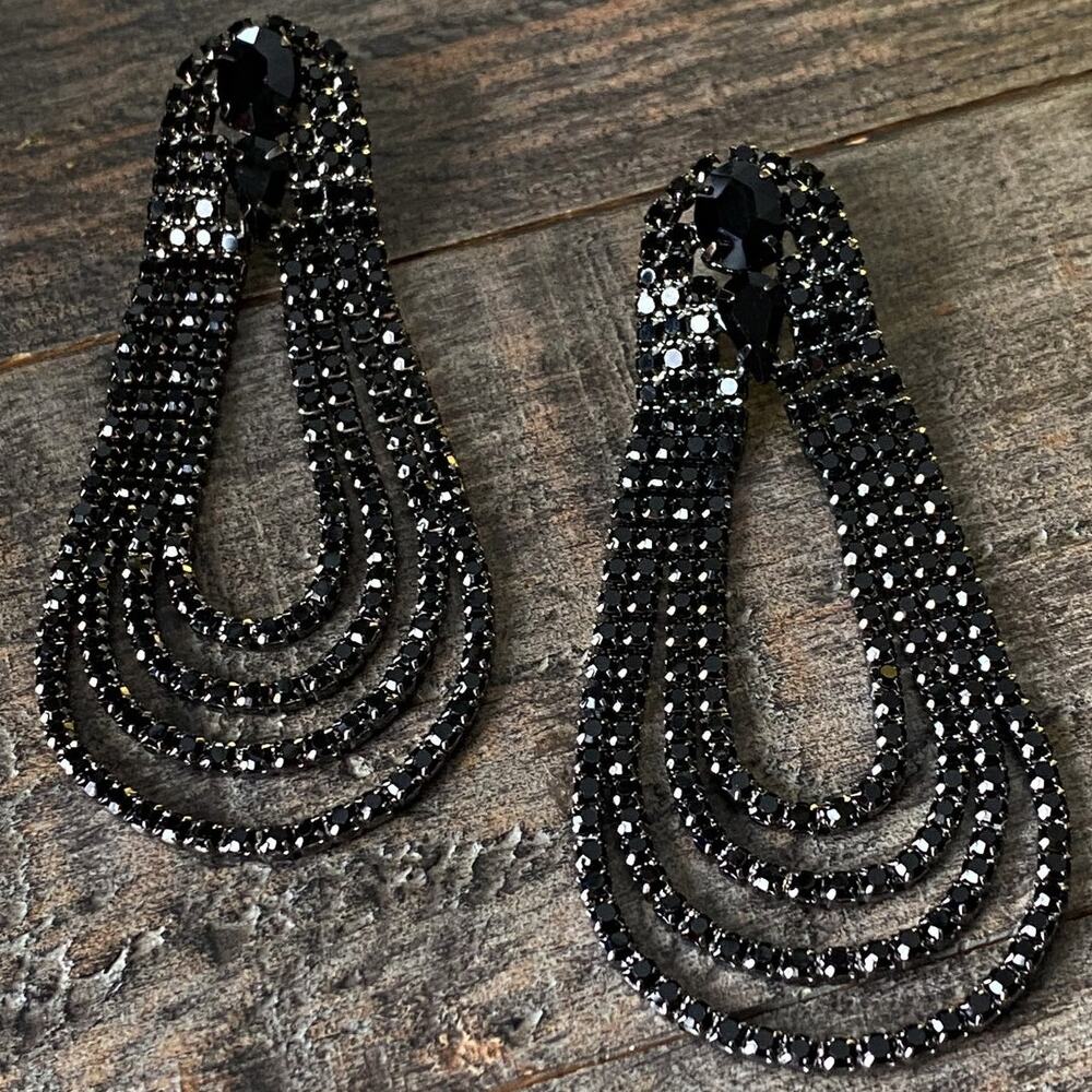 NEW Black Rhinestone Drop Earrings - Picture 8 of 15